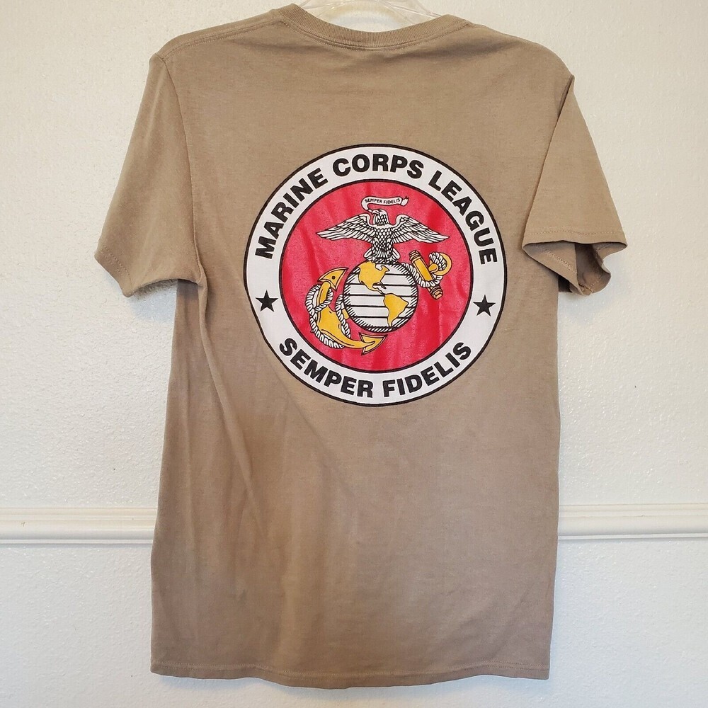 US Marine Corps T-Shirt Semper Fidelis Cream Front And Back Print Seal Size S